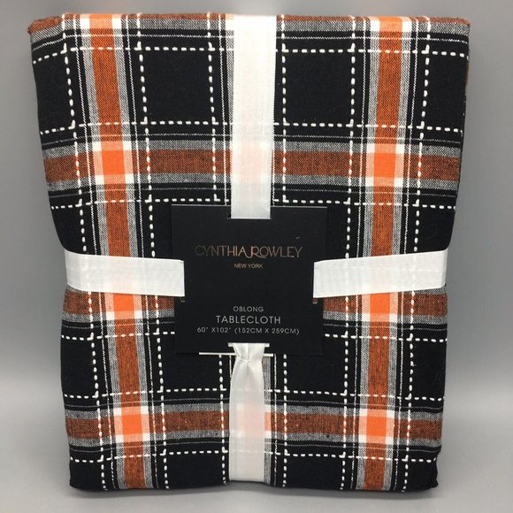 Cynthia Rowley Halloween Black Plaid Tablecloth Cotton Orange White 60x102 Decor - Picture 1 of 6